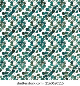 Seamless pattern with eucalyptus leaves. Colorful turquoise leaves on white background.