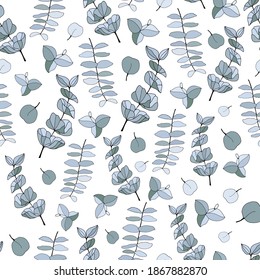 Seamless pattern with eucalyptus leaves and flowers. Eucalyptus branch hand drawn botanical illustration. Eucalyptus leaves and flowers on a white background.Set of leaves and flowers of eucaliptus.