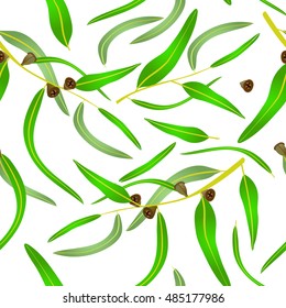 Seamless pattern with eucalyptus leaves and seeds.Vector illustration