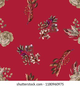 Seamless pattern with eucalyptus, magnolia, fern leaves and succulents bouquets. Trendy rustic herb vector background.