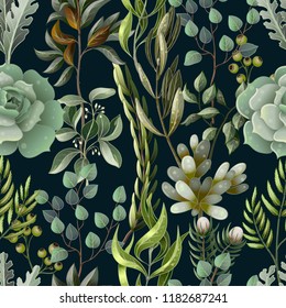 Seamless pattern with eucalyptus, magnolia, fern leaves and succulents. Trendy rustic herb