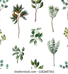 Seamless pattern with eucalyptus, magnolia, fern leaves and succulents. Trendy rustic herb 