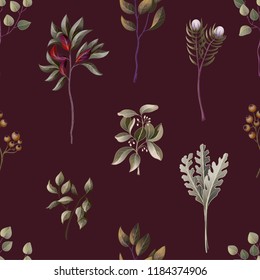 Seamless pattern with eucalyptus, magnolia, fern leaves and succulents. Trendy rustic herb 