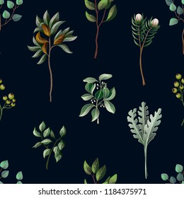 Seamless pattern with eucalyptus, magnolia, fern leaves and succulents. Trendy rustic herb 