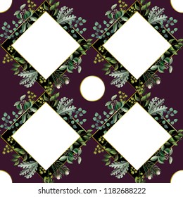 Seamless pattern with eucalyptus, magnolia leaves, succulents and golden frames. Geometrical and botanical