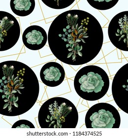 Seamless pattern with eucalyptus, magnolia leaves, succulents and golden frames. Geometrical and botanical 