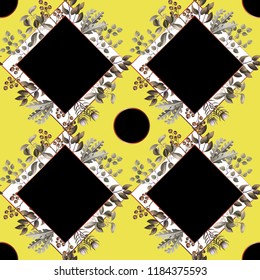 Seamless pattern with eucalyptus, magnolia leaves, succulents and golden frames. Geometrical and botanical 