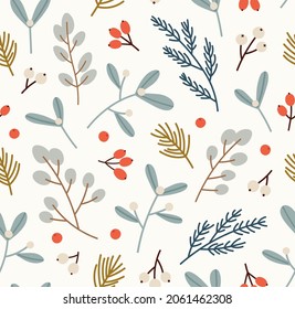 Seamless pattern of eucalyptus, mistletoe, pine, berries. Concept of the winter season, holidays, Christmas, New Year. Hand-drawn colorful vector illustration, isolated on beige.