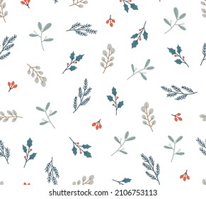 Seamless pattern of eucalyptus, mistletoe, pine, berries, holly berry. Concept of the winter season, holidays, Christmas, New Year. Hand-drawn colorful vector illustration, isolated on white.