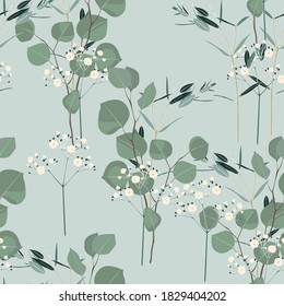 Seamless pattern of Eucalyptus palm fern different tree and flowers, foliage natural branches seamless pattern.