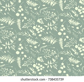 Seamless pattern of Eucalyptus palm fern different tree, natural branches, leaves, herbs, berry heel hand drawn silhouette watercolor Vector beauty elegant textile print on pale green blue background 