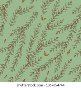 Seamless pattern from eucalyptus parvifolia on a green background with a brown outline.
