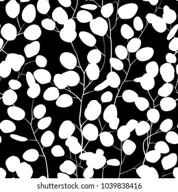 Seamless pattern with eucalyptus silhouette. Floral ornament with silver dollar eucalyptus branches. Black and white,