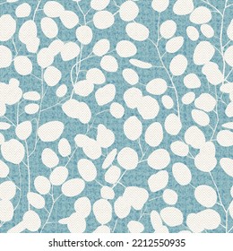 Seamless pattern with eucalyptus silhouette. Floral ornament with chevron pattern eucalyptus branches. blue and white,