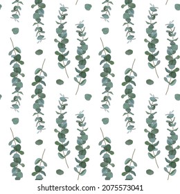 Seamless pattern Eucalyptus silver dollar green - blue tree leaves. Art design foliage, rustic elements. Modern vector illustration of nature isolated on white. For wrapping paper, wallpaper, textiles