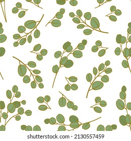 Seamless pattern with Eucalyptus silver dollar tree twig on white background. Design for fabric, wallpaper, wrapping paper, pattern fills, textile, etc.