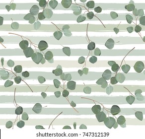Seamless pattern of Eucalyptus silver dollar tree natural branches with green tropical leaves in watercolor style. Vector decorative elegant greenery illustration isolated white stripped background