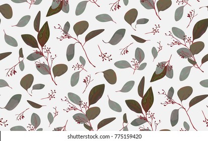 Seamless pattern with Eucalyptus tree tropical seeded branches vintage, antique red blue leaves cute wallpaper, watercolor style. Vector decorative boho elegant print texture isolated white background