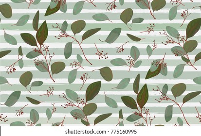 Seamless pattern with Eucalyptus tree tropical seeded branches vintage antique red blue leaves seamless pattern watercolor style. Vector decorative boho elegant print texture isolated white background