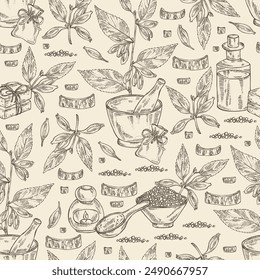 Motif harmonieux d'eucomia ulmoides: eucomia plante, feuilles, fleurs et eucomia ulmoides écorche. Huile, savon et sel de bain. Cosmétique et usine médicale.  Image vectorielle dessinée à la main