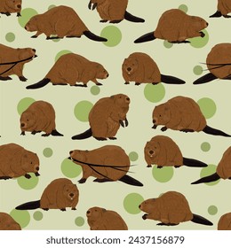 Seamless pattern with Eurasian beaver. Vector animals