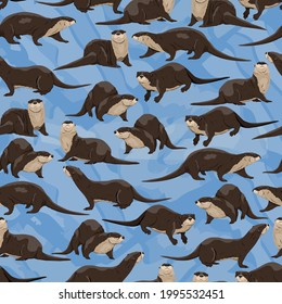 Seamless pattern with Eurasian otter Lutra lutra. The Eurasian river otter. Wild semiaquatic mammal of Eurasia. Realistic vector animal