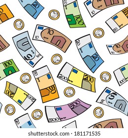 A seamless pattern of euro bills and coins.