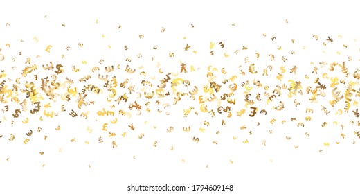 Patrón inquebrantable del euro, el dólar, la libra, los símbolos de oro del yen volando moneda. Patrón de inversión de moda. Se puede usar para publicidad, afiche, pancarta de intercambio de dinero británico, japonés, europeo, estadounidense. Vector