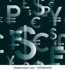 Seamless pattern of euro, dollar, yen, pound, ruble currency icons. The most traded currencies in the world of investment. Illustration of the design in the background vector.