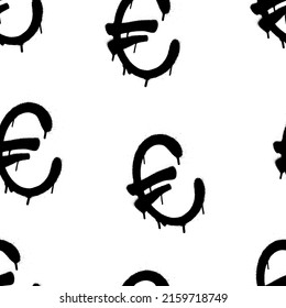 Patrón sin foco de signos del euro. Símbolo graffiti negro de moneda con manchas sobre fondo blanco. Plantilla de ilustración de vector