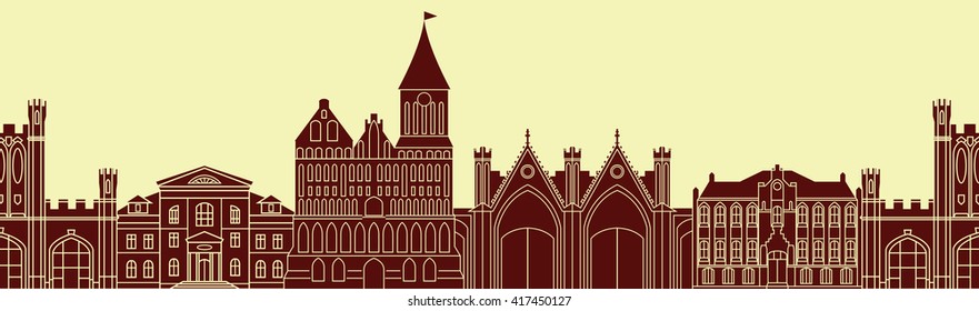 Seamless pattern with europe architectural monuments of Prussia. Template for any surface. Vector silhouettes of old buildings in Kaliningrad.