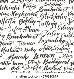 Seamless pattern with european capitals. Hand drawn lettering background. Ink illustration. Modern brush calligraphy. Isolated on white background. Collection of cities. 