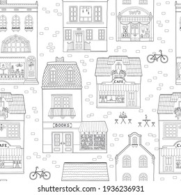 Seamless pattern with European houses. Cute Dutch buildings with shops, bookstore, cafe, coffee shop. Contour monochrome vector illustration, coloring for children in a hand-drawn childish style