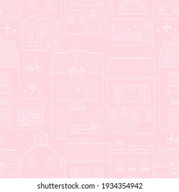Seamless pattern with European houses. Dutch buildings with shops, bookstores, coffee shops. White outline on a pink background. Monochrome vector sketch illustration in a hand-drawn childish style