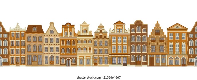 Seamless pattern with European houses panorama. Old city landscape. Vector illustration