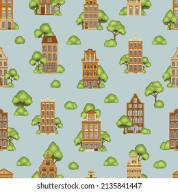 Seamless pattern with european houses. Vector illustration