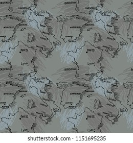 seamless pattern with european maps in sketch style: Italy, Spain, France, gray colors,  vector illustration