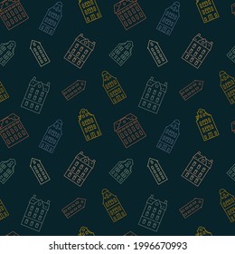 Seamless pattern with european vintage holland houses in retro style. Outline old historical buildings. Vector flat illustration