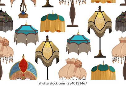 Seamless pattern. European vintage retro torchere lampshades in victorian style. Historic old-fashioned stylish interior. 