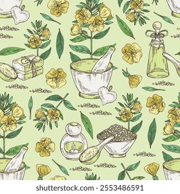 Seamless pattern with evening primula: oenothera plant, leaves and evening primula flowers. Oenothera. Oil, soap and bath salt . Cosmetics and medical plant. Vector hand drawn