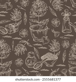 Seamless pattern with evening primula: oenothera plant, leaves and evening primula flowers. Oenothera. Oil, soap and bath salt . Cosmetics and medical plant. Vector hand drawn