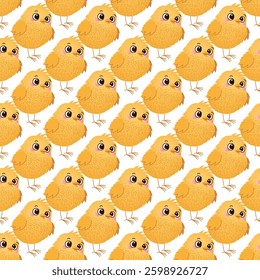 Seamless pattern with evenly arranged yellow chicks on a white background. Template illustration for textile, wallpaper, wrapping paper, and print.
