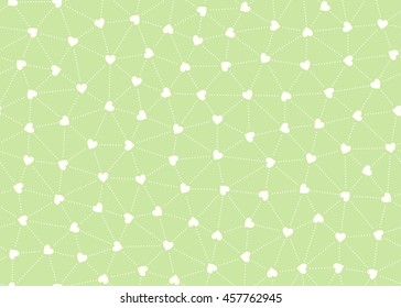Seamless Pattern of Evenly Scattered Heart Shapes connected with Dotted Lines. Like Mesh and Network. The Heart Shape's Orientation is Random.