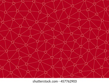 Seamless Pattern of Evenly Scattered Hollow  Heart Shapes connected with Dotted Lines. Like Mesh and Network. The Heart Shape's Orientation is Random.