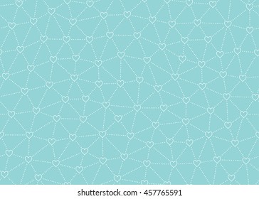 Seamless Pattern of Evenly Scattered Hollow  Heart Shapes connected with Dotted Lines. Like Mesh and Network. 