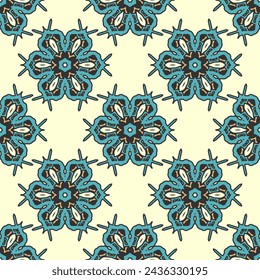 Seamless pattern with evenly spaced blue stylized flowers on a white background. Vector illustration