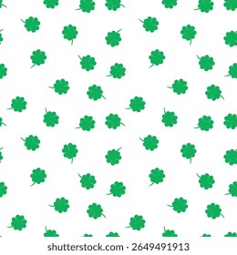 Seamless pattern of evenly spaced green four-leaf clovers on a light background, symbolizing good luck and nature in a clean, minimalist composition.