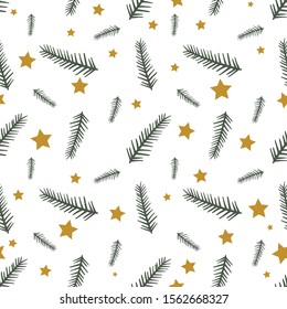 patrón impecable con ramas y estrellas de color verde. Ilustración vectorial colorida.