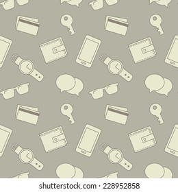 Seamless pattern with everyday objects: sunglasses, key, phone, wallet, credit cards, watches and speech bubbles.