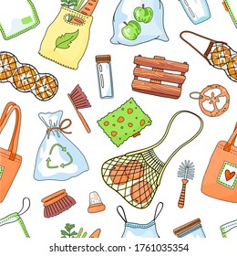 Seamless pattern with everyday products from eco materials. Save nature, no plastic, zero waste print design. Cartoon colorful icons in cartoon style. Eco pack, bag, wooden materials, shopping, brush